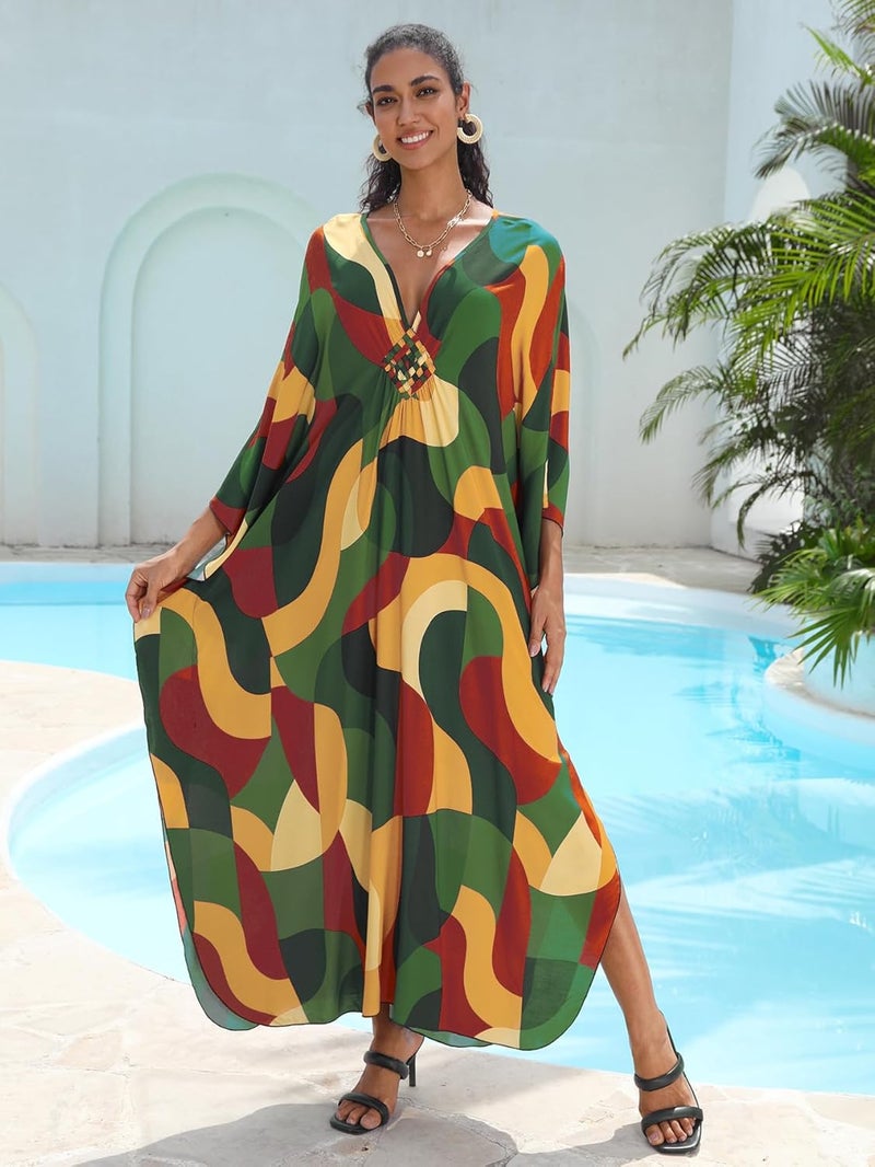 IMAGEKOPE Women's Plus Size Animal Print V-Neck Batwing Kaftan Beach Dress Bathing Suit Cover-Up Loungewear - Image 3